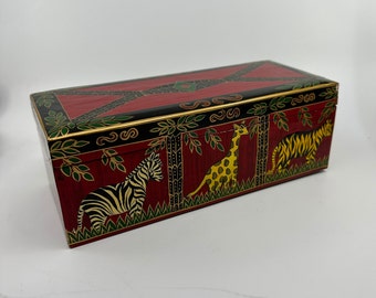 Vintage Handmade Wooden Lacquered Style Animals Design Colored Jewelry Box