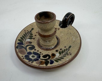 Vintage Tonala Mexico Hand Painted Pottery Chamber Candle Holder
