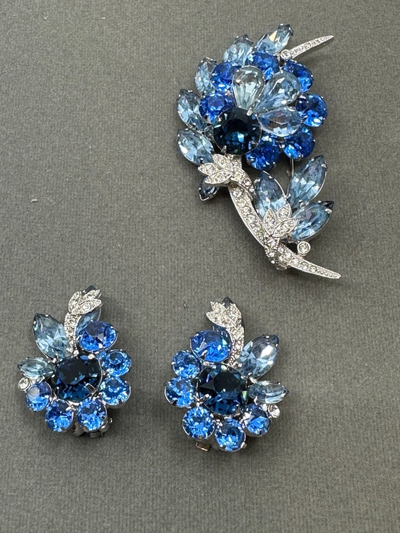 Eisenberg Ice Blue Rhinestone Brooch,and Earrings… - image 2