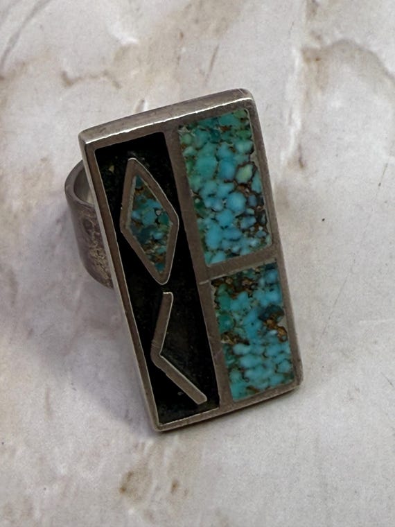 Vintage Native American Turquoise Sandcast Rectangle Ring