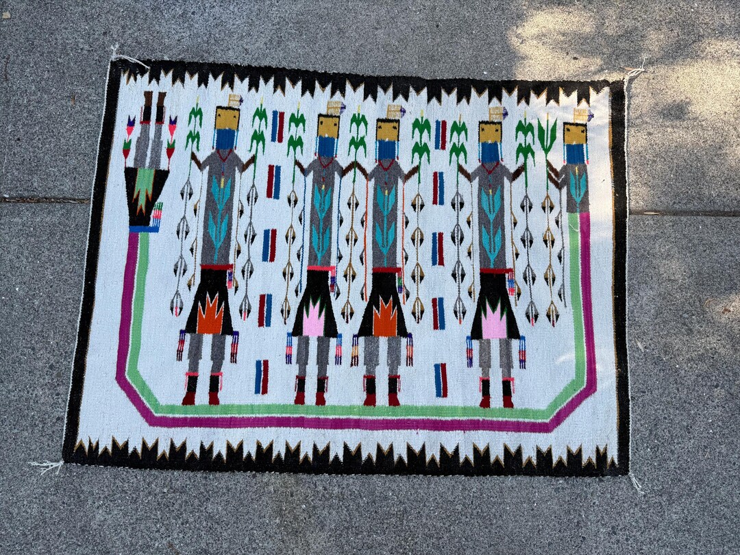 Yei Rug Red Vintage 49 X 36”figure Yei Native American Navajo Rug Yellow, Blue, Red ...