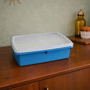 May include: A rectangular blue food storage container with a clear lid. The container is sitting on a wooden surface. A gold starburst clock hangs on the wall in the background.