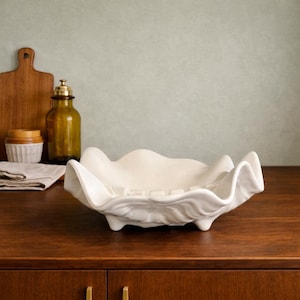 Large Vintage Ceramic Clamshell Bowl 10” | Coastal Shell Centerpiece | Mid Century Beach Decor | White Gloss Catchall Dish