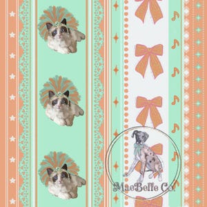 May include: A patterned design featuring Ragdoll cats wearing feathered headdresses and tiaras, alongside orange bows, musical notes, and a Dalmatian dog illustration. The design incorporates stripes in shades of mint green and peach.
