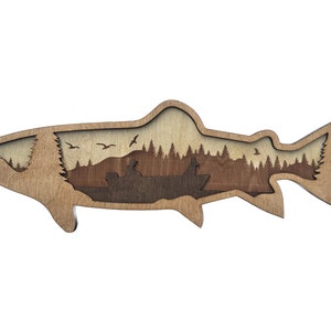 Wooden Engraved Layered Trout with Fisherman on Boat with Dog