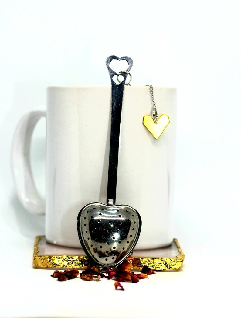 Heart Shaped Tea Infuser Spoon With Golden Heart Charm, Stainless Steel