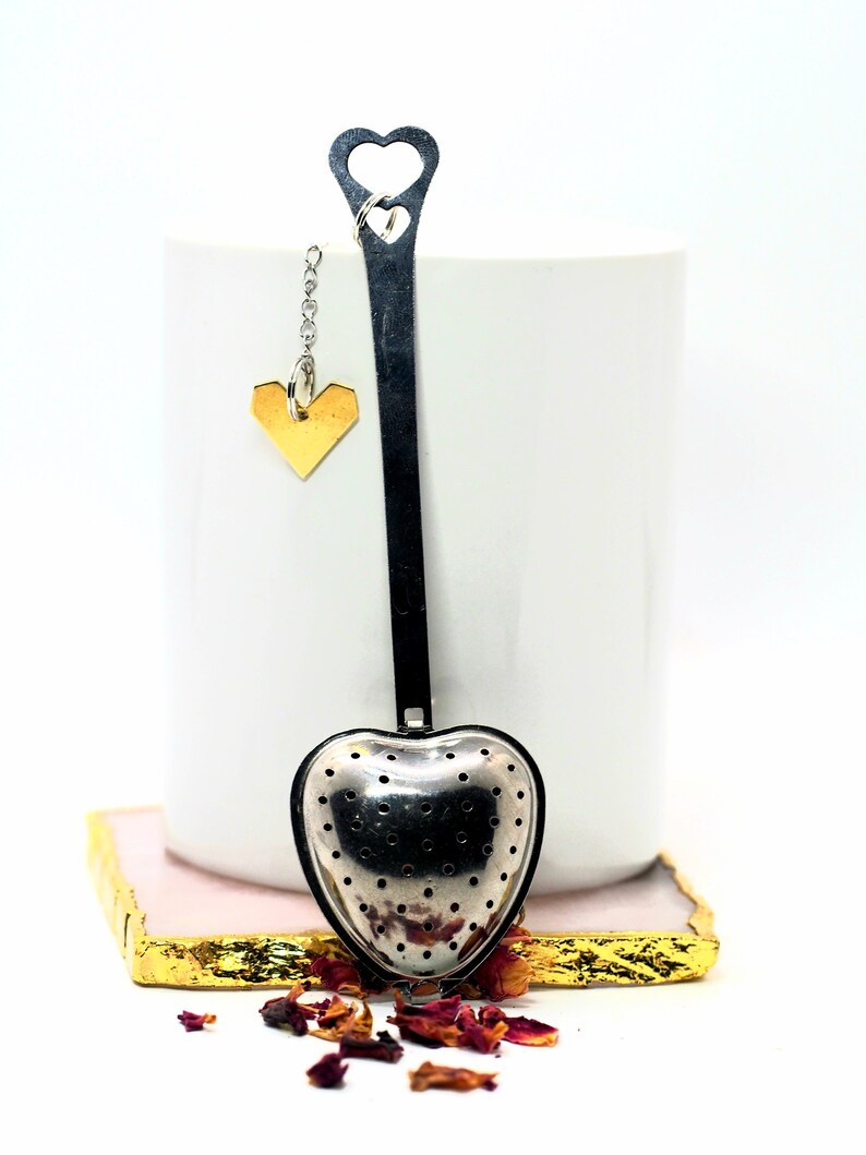 Heart Shaped Tea Infuser Spoon With Golden Heart Charm, Stainless Steel