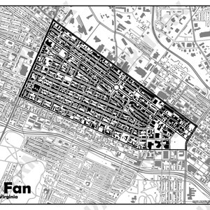 May include: A black and white map of The Fan neighbourhood in Richmond, Virginia. The neighbourhood is outlined in black and the streets are shown in grey.