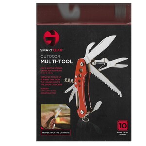May include: A red and silver multi-tool with 10 functions. The multi-tool is open, showing all of the tools, including a knife, saw, pliers, and bottle opener. The packaging says "SMARTGEAR Outdoor Multi-Tool".