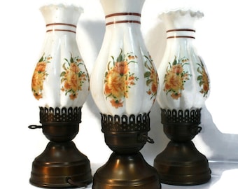 3 Beautiful Vintage Accent Floral Lamp Milk Glass with Metal Boudoir Electric Light Hurricane Lamp Mid Century Fire King