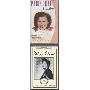 May include: Two Patsy Cline cassette tapes. The top tape is labelled "Country" and features a portrait of Patsy Cline. The bottom tape is labelled "Unforgettable Classics" and features a black and white photo of Patsy Cline.