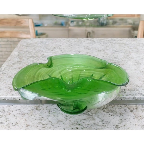 Art Glass Bowl Hand Blown Freeform Modernist Rolled Edge Green