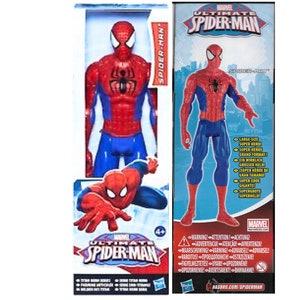 以下が含まれることがあります： 赤と青の衣装を着たスパイダーマンのアクションフィギュア2体。フィギュアは、マーベル・アルティメット・スパイダーマンのロゴが入った箱に詰められています。箱には警告ラベルとマーベルのロゴが付いています。