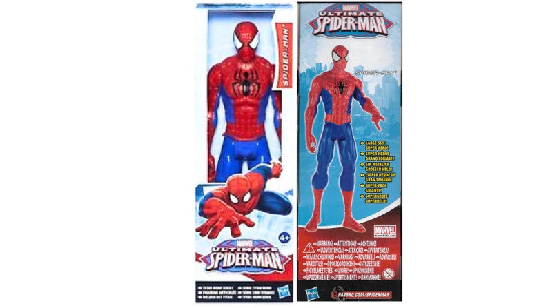 以下が含まれることがあります： 赤と青の衣装を着たスパイダーマンのアクションフィギュア2体。フィギュアは、マーベル・アルティメット・スパイダーマンのロゴが入った箱に詰められています。箱には警告ラベルとマーベルのロゴが付いています。