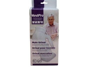 May include: A package for a male urinal, featuring the "MedPro" logo and a picture of a man. The package includes the words "Male Urinal", "Urinal pour homme", and "Orinal masculino". The urinal is white and has a handle.