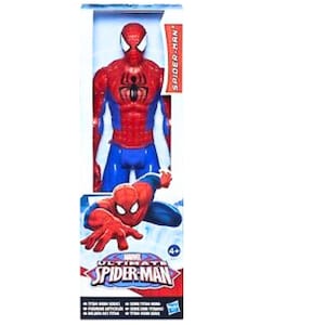 以下が含まれることがあります： 胸にクモの巣のデザインが施された赤と青のスパイダーマンのアクションフィギュア。フィギュアは白い背景に立っており、箱には「Ultimate Spider-Man」の文字が印刷されています。