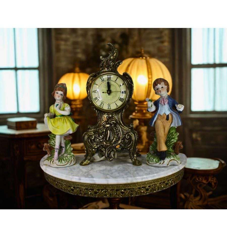 Vintage Mantel Clock With Porcelain Boy & Girl Figurines • Ornate