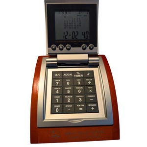Great Blue Heron Charity Casino Desk Electronic Calculator • World Time Clock • Folding Calendar Display • Vintage Casino Collectible