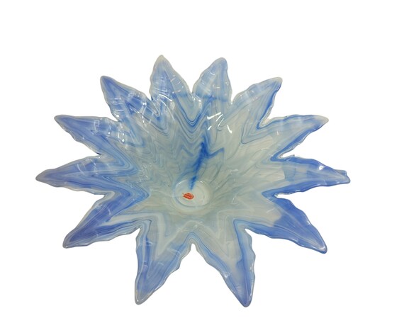 Large Murano Lavorazione Arte Blue Glass Lotus Flower Bowl 16