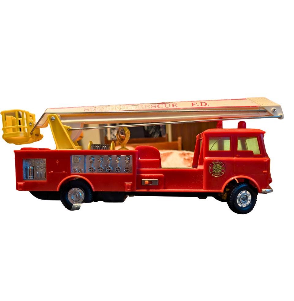 Vintage Snorkel Rescue Fire Truck Toy – Red Plastic Fire Engine