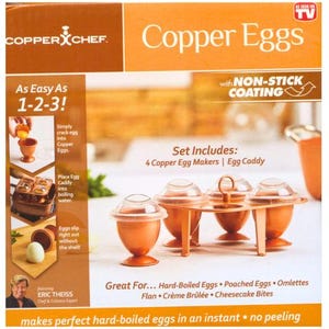 May include: Copper Chef egg maker set. The set includes four copper egg makers and an egg caddy. The egg makers have a non-stick coating and are designed to make hard-boiled eggs, poached eggs, omelets, and more. The packaging is orange.
