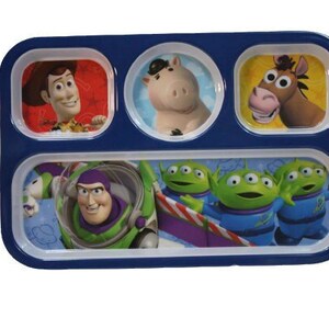 May include: A blue plastic divided tray featuring characters from the animated film Toy Story. The tray has five compartments with images of Woody, Hamm, Bullseye, Buzz Lightyear, and the Little Green Men.
