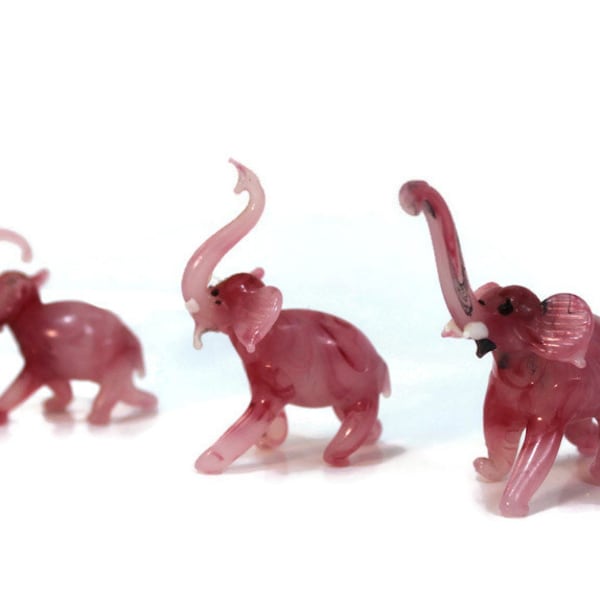 Lot 3 Miniature Elephants Hand Blown Glass Mini Animal Figurines Trunk-up Lucky