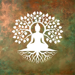 May include: A white silhouette of a meditating figure seated in a lotus position, centered within a tree with heart-shaped leaves and visible roots, set against a textured, mottled background of blended copper, brown, and green tones.