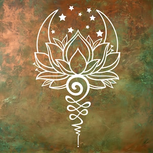 May include: A white line art graphic featuring a stylized lotus flower centered beneath a crescent moon and several small stars, with an intricate unalome symbol extending downward from the base of the lotus, set against a mottled copper and green background.