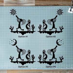 May include: Black Kokopelli designs with options for a sun, moon, and stars. The Kokopelli figure is playing a flute, with cacti and other desert plants. The options are labeled Option #1, Option #2, Option #3, and Option #4.
