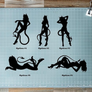 May include: Five different silhouette designs of a woman with a tail, labeled with numbers 1 through 5. The silhouettes are black against a gray background.