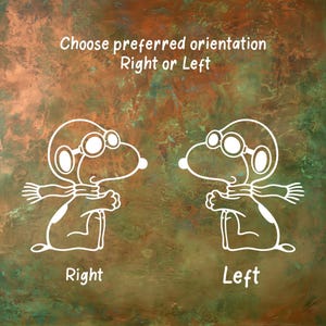 May include: A decal featuring two white line-art illustrations of a beagle wearing aviator goggles and a scarf. The text reads: Choose preferred orientation Right or Left, with Right and Left labels below each respective character illustration.