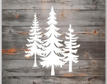 Puede incluir: Silueta blanca de tres pinos sobre un fondo de madera gris.