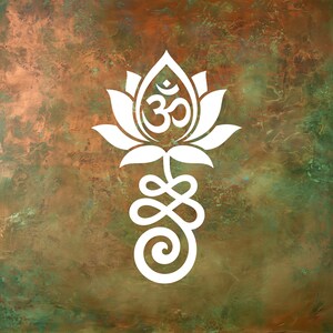 May include: A white graphic design featuring a stylized lotus flower with an Om symbol at the center, positioned above an unalome symbol, set against a textured background with blended shades of copper, brown, and muted green tones.