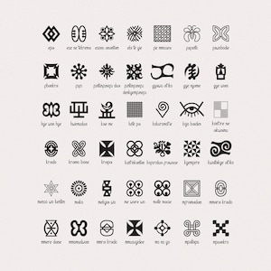 May include: Black and white Adinkra symbols with their corresponding names in English. The symbols are geometric and abstract, representing various concepts and proverbs from the Akan culture of Ghana.