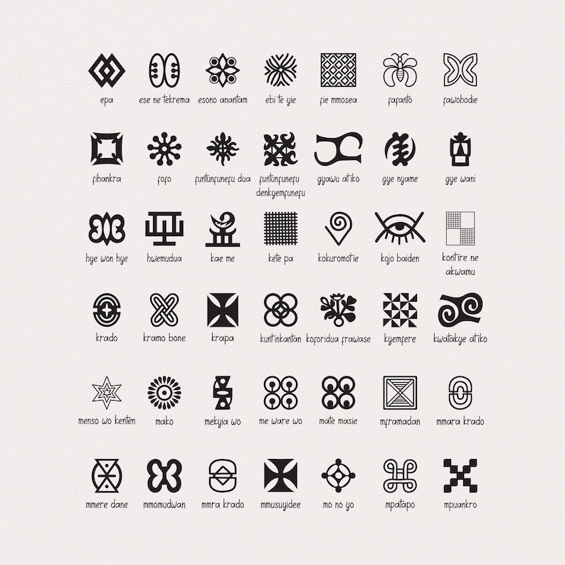 May include: Black and white Adinkra symbols with their corresponding names in English. The symbols are geometric and abstract, representing various concepts and proverbs from the Akan culture of Ghana.