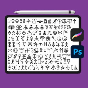 May include: A digital tablet screen displaying a variety of symbols and glyphs, including stars, hearts, moons, and other abstract shapes. The tablet is resting on a purple surface, and a stylus and a Photoshop icon are visible on the right side of the screen.