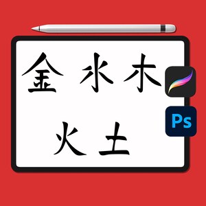 May include: A digital tablet with black Chinese characters and two app icons, Procreate and Photoshop, on a red background. A silver stylus rests above the tablet.