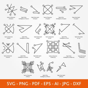 Conjunto de símbolos vectoriales de sigilo planetario minimalista: iconos de talismán astrológico celestial (descarga digital)