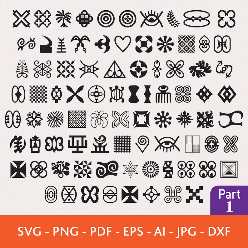May include: A set of 100 black and white Adinkra symbols, a collection of abstract geometric designs from Ghana, Africa. The symbols are arranged in rows and columns on a white background. The text "Part 1" is in the lower right corner of the image.