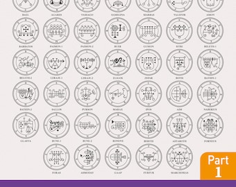 May include: Black and white line art illustrations of 36 sigils, each with a unique design and name. The sigils are arranged in a grid pattern and are labeled with the names of the demons they represent. The text "Part 1" appears in the bottom right corner of the image.