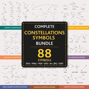Op de afbeelding: Een digitaal grafisch pakket met 88 sterrenbeeldsymbolen met zwarte sterpatronen op een lichte achtergrond. Het centrale zwarte vierkant toont de gele tekst COMPLETE CONSTELLATIONS SYMBOLS BUNDLE 88 SYMBOLS SVG PNG PDF EPS AI JPG DXF.