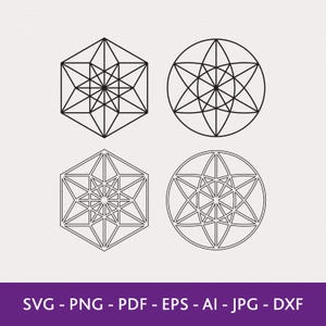 May include: Four black geometric designs on a light background. Two are hexagonal, and two are circular, each with an intricate star-like pattern inside. The bottom of the image displays the text: SVG - PNG - PDF - EPS - AI - JPG - DXF.