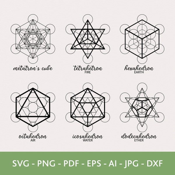 Metatron's Cube Svg Bundle, Tetrahetron Png, Hexahetron Vector, Octahedron Dxf, Icosahedron Svg, Dodecahedron Svg