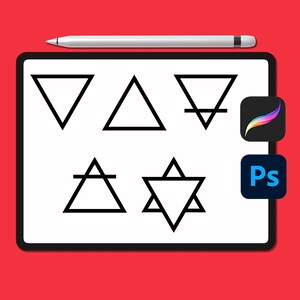 Op de afbeelding: Een digitale tablet toont zwarte geometrische symbolen, waaronder driehoeken en een stervorm, op een wit scherm. Een zilveren stylus ligt boven de tablet. Twee app-pictogrammen, een met een regenboogwerveling en een andere met "Ps", zijn zichtbaar.