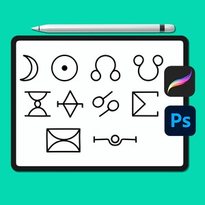 以下が含まれることがあります： 白いスタイラスと白い背景を持つデジタル描画タブレット。タブレットには、占星術のシンボルの白黒の線画が描かれています。タブレットの隣には、Procreateアプリの白黒のアイコンと、Adobe Photoshopアプリの白黒のアイコンがあります。