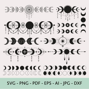 Ensemble Svg Phase de lune, Svg céleste mystique, séparateur magique, fichiers Svg pour chemise, fichiers Dxf pour laser,