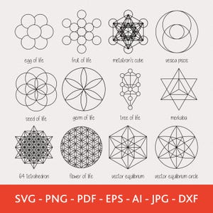 Pacchetto Geometria Sacra Svg, Fiore della Vita Vettore, Seme della Vita Png, Cerchio di Equilibrio Vettore Svg, Cubo di Metatron Svg, Vesica Piscis Svg