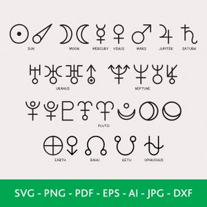 Pacchetto SVG di simboli dei pianeti astrologici, simboli dello zodiaco astrologico, oroscopo in formato Svg, vettore dei segni dei pianeti, file DXF per laser, SVG per camicie