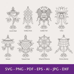 Ashtamangala Symbole SVG Bundle: 8 Buddhistische Glück verheißende Symbole für Cricut (Digitaler Download)
